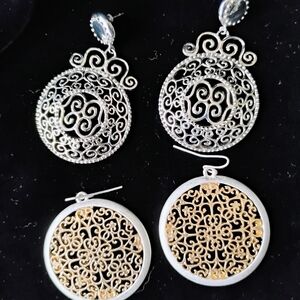 Set Of 2 Pair Intricate Silver and Gold Tone Swirl Drop Earrings
